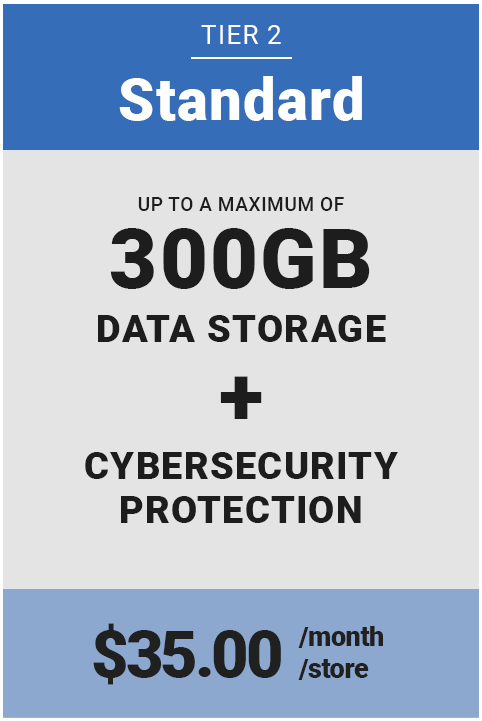 Tier two package - Standard - 300GB Storage with Cybersecurity protection is $35.00 per store per month